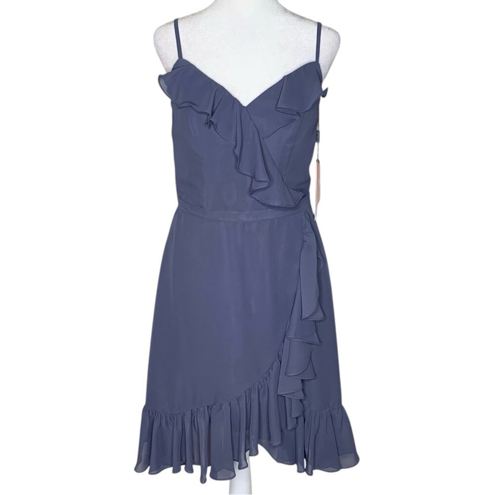 NWT JJs House Chiffon Dress 6 Stormy Gray Blue Boning Padded Ruffle Mini HOCO